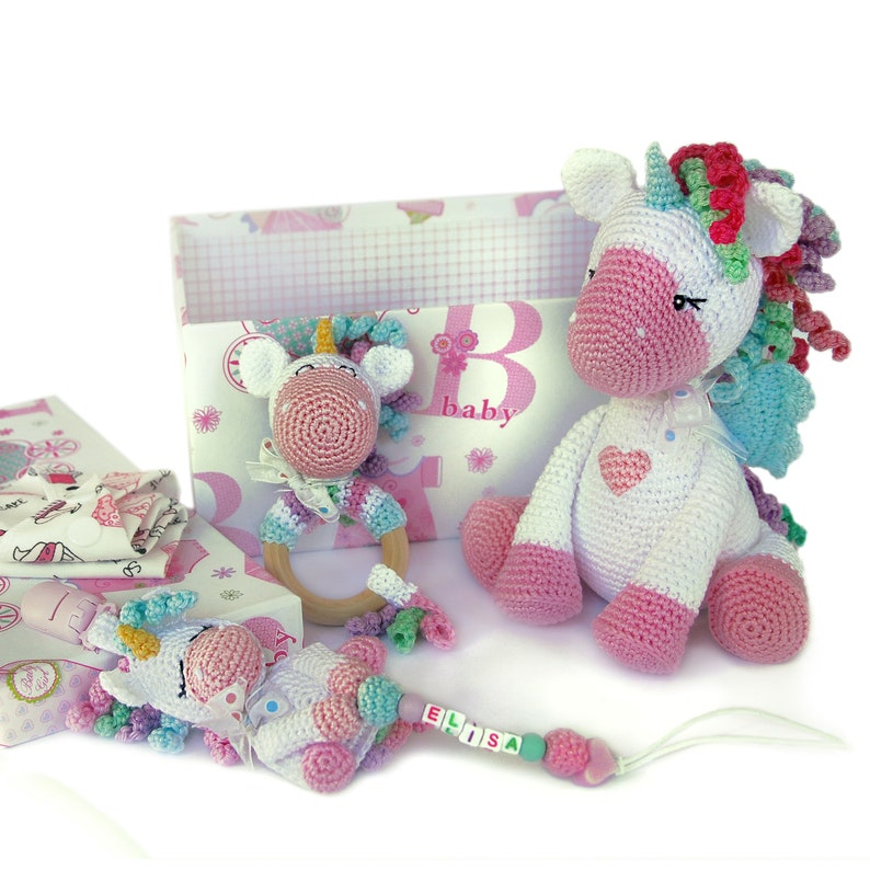newborn and toddler 1 year birthday baby rattle Gift idea for baby girl pacifier clip Unicorn Toys Baby shower gift set: stuffed unicorn