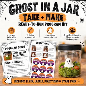 Può includere: Un kit di programma pronto all'uso Ghost in a Jar Take + Make con una risorsa stampabile di 11 pagine, un link Canva modificabile e istruzioni. Include un barattolo di vetro trasparente con coperchio nero e una figura di fantasma bianca.