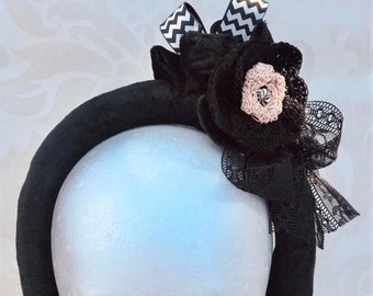 Black Headband fascinator Black & White Bow Black velvet wedding