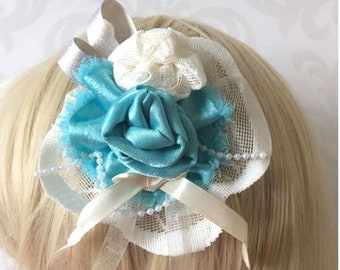 Kentucky Derby Fascinator, Aqua Turquoise Blue Flower, Cream Off White Cocktail Hat, Royal Ascot Fascinator, Bridal, Melbourne Cup, Easter