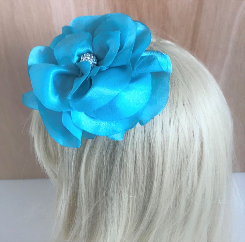 Handmade Very Big Flower satin Hair accesories, Turquoise aqua flower clip image 7