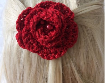 crochet flower, red hair flower, hair clip brooch  best seller