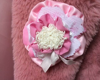 Large flower brooch pin Pink and white lace shabby chic flower Hair pin