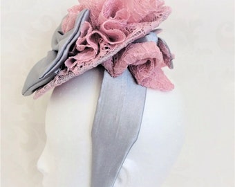 fascinator headband, ascot hat dusky pink Lace, with large grey satin bow, Grey cocktail hat Races Dusky Pink grey Headband