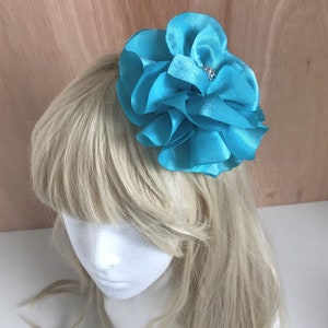 Handmade Very Big Flower satin Hair accesories, Turquoise aqua flower clip image 3
