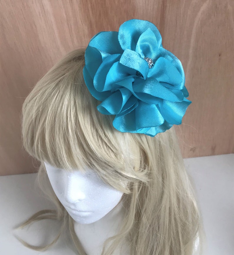 Handmade Very Big Flower satin Hair accesories, Turquoise aqua flower clip image 3