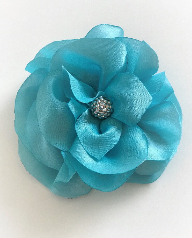 Handmade Very Big Flower satin Hair accesories, Turquoise aqua flower clip image 1