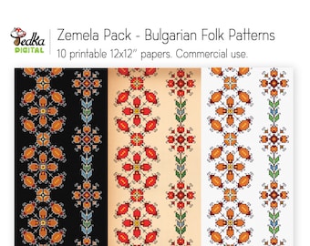 Paquete Zemela, Papel digital de patrones étnicos florales, Patrones de bordado búlgaro, Paquete de papel imprimible Scrapbooking, Uso comercial, 12x12