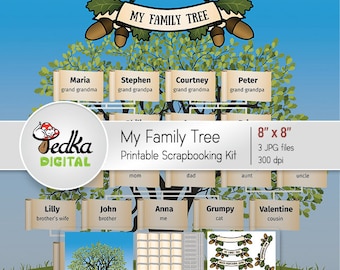 Árbol genealógico imprimible, kit de scrapbooking imprimible 8x8, plantilla de bricolaje, regalo familiar digital, descarga instantánea de arte imprimible