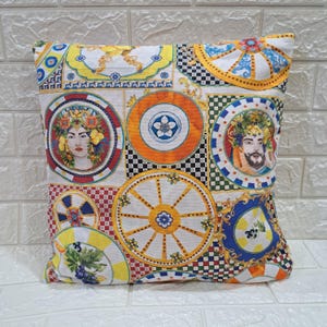Sicilian fabric cushion cover, Sicily pillow cover, handmade Sicily home decor, maiolica fabric, italian tiles, carretto, Caltagirone style