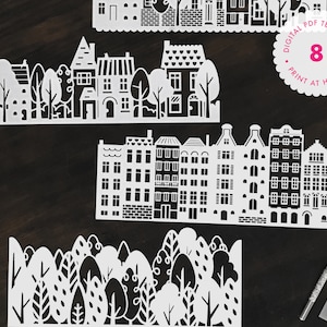 PDF Houses, Trees and Flowers Papercutting Template Pack includes 4 Lanterns & 4 x A5 designs - for instant digital download