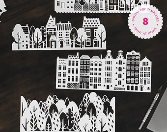 PDF Houses, Trees and Flowers Papercutting Template Pack includes 4 Lanterns & 4 x A5 designs - for instant digital download