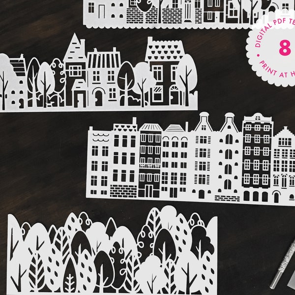 PDF Houses, Trees and Flowers Papercutting Template Pack includes 4 Lanterns & 4 x A5 designs - for instant digital download