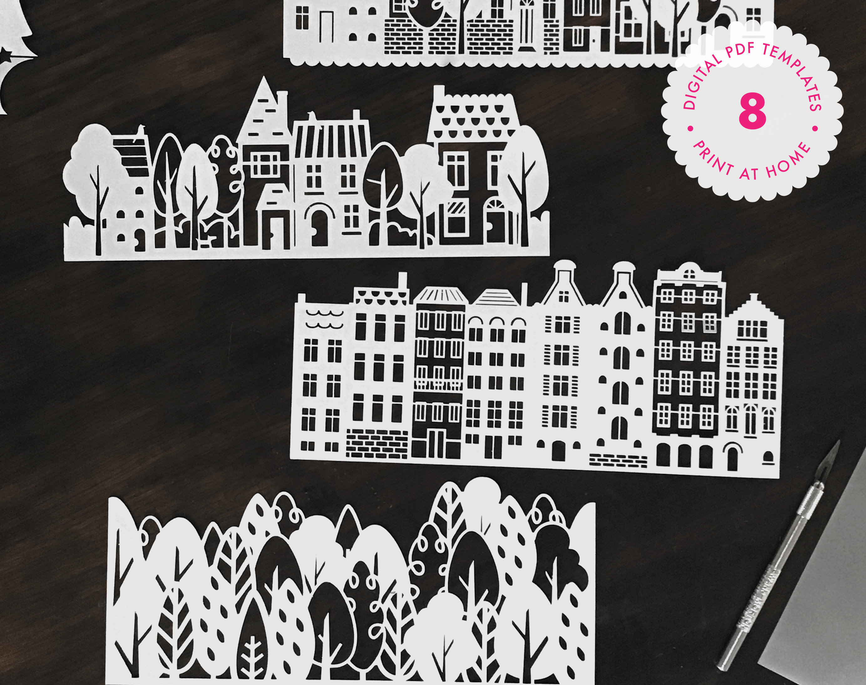 Papercutting Templates for Lanterns & Pictures: Houses, Trees and Flower Designs (PDF Download)
