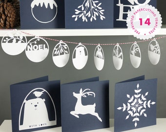 Christmas Cards & Gift Tags Papercutting Template Pack includes 6 Card designs and 8 Gift Tag Designs