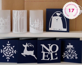 Christmas Paper Cutting Template Pack includes 3 Lanterns, 6 Christmas Cards & 8 Gift Tag Designs
