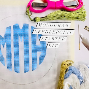 Custom Monogram Starter Beginner Needlepoint 18 Canvas Kit with Directions and Supplies How To DIY Ornament