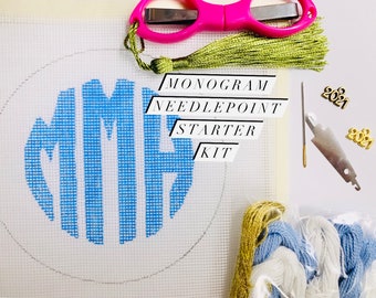 Custom Monogram Starter Beginner Needlepoint Canvas Kit with Directions and Supplies How To DIY Ornament