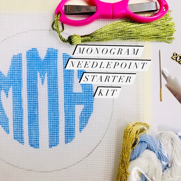 Custom Monogram Starter Beginner Needlepoint Canvas Kit with Directions and Supplies How To DIY Ornament