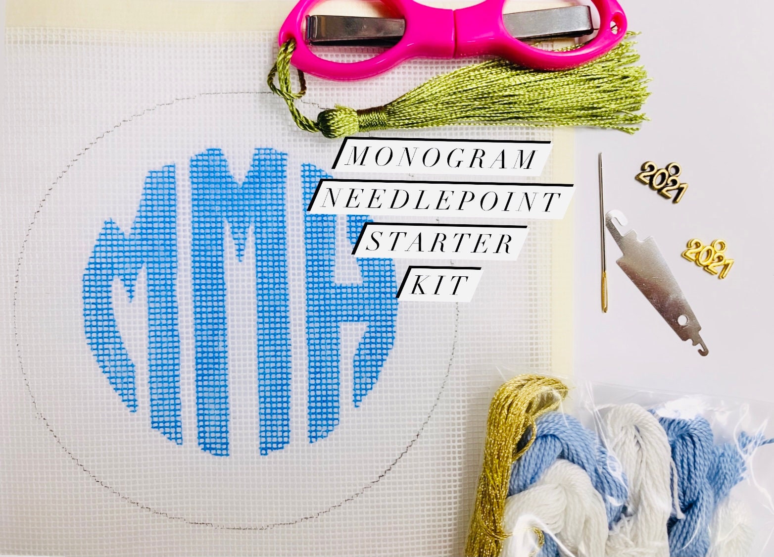 Custom Monogram Starter Beginner Needlepoint 18 Canvas Kit with Directions and Supplies How To DIY Ornament