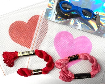 KIT Valentine's Day Heart Red or Pink Mini Starter Beginner Needlepoint Canvas Kit with Directions and Supplies How To DIY