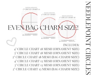 13 e 18 cerchi a rete da 2" 3" 4" Schema punto croce per ornamenti da scaricare in PDF. La tela include le dimensioni del ciondolo per borsa!