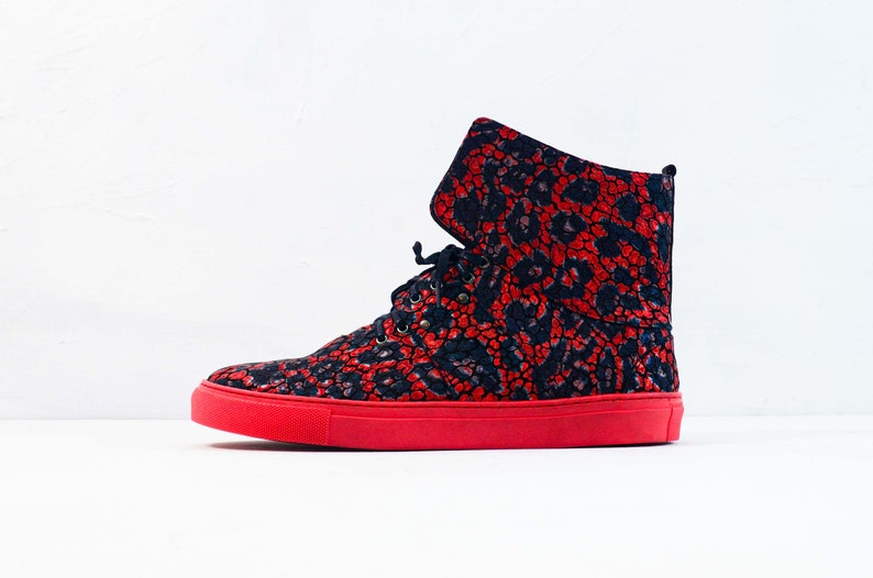 Handmade Hand-Sewn Leather Cowhide High Sneakers Shoes Women Unique Red SNEEK Red Sonja Interchangeable Accessories