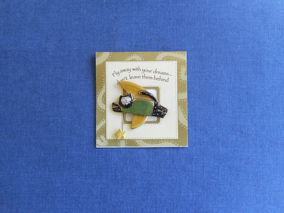 Hand Painted Porcelain Cat Pin: Moon & Star Brooc… - image 1