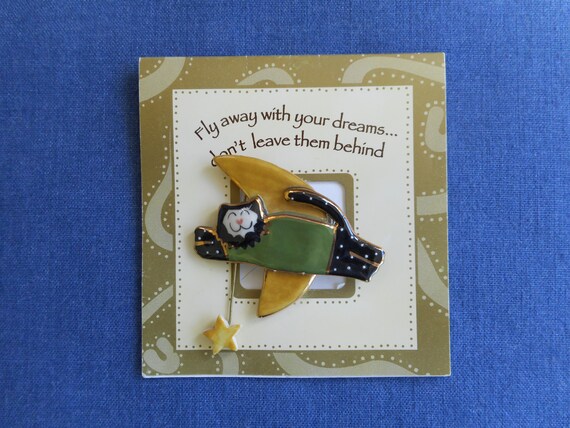 Hand Painted Porcelain Cat Pin: Moon & Star Brooc… - image 3