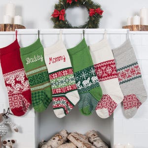Knit Personalized Christmas stockings, Family Christmas custom stocking, Traditional Knit Stocking with handmade embroidery