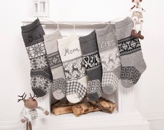 Knit farmhouse Christmas stockings, Custom Family Christmas stocking, Rustic Knitted, handmade embroidery, Grey knit, Holiday stockings