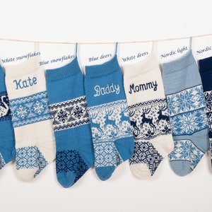 Blue knit Christmas stockings, Family wool holiday stockings with handmade embroidery, Monogrammed xmas stockings, Personalize gift