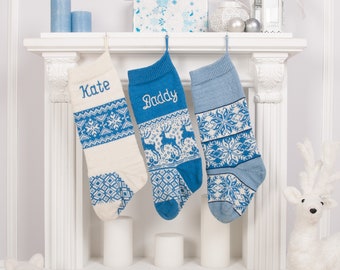 Set of 3 Christmas stockings, Knit Personalized Christmas stocking,  Knitted stockings, Monogrammed family Stockings, Blue White reindeer