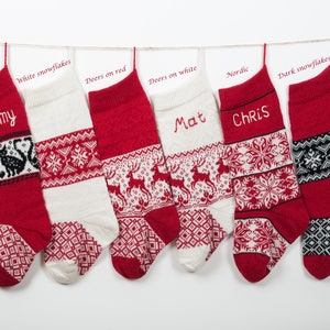 Personalized Christmas stockings, Knit homemade Family Christmas stocking, Red White Knitted, Monogrammed stockings, Plaid Holiday stocking