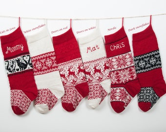 Personalized Christmas stockings, Knit homemade Family Christmas stocking, Red White Knitted, Monogrammed stockings, Plaid Holiday stocking