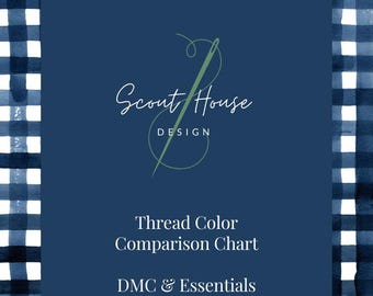 Puede incluir: Un borde de patrón de cuadros vichy en acuarela azul marino y blanco rodea un fondo azul oscuro. El texto dice "Scout House Design" con un gráfico de aguja e hilo. Debajo, dice "Thread Color Comparison Chart DMC & Essentials."