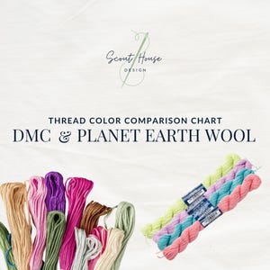 May include: A thread color comparison chart titled DMC & PLANET EARTH WOOL by Scout House Design. The image displays various loose embroidery thread skeins in tan, pink, purple, green, and brown, alongside three braided wool skeins.