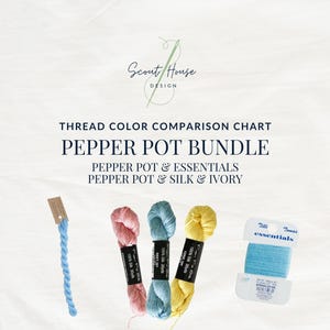 May include: A thread color comparison chart titled Pepper Pot Bundle featuring Scout House Design branding. The image displays a light blue twisted thread, three skeins in pink, blue, and yellow, and a spool of light blue Tilli Tomas essentials thread.