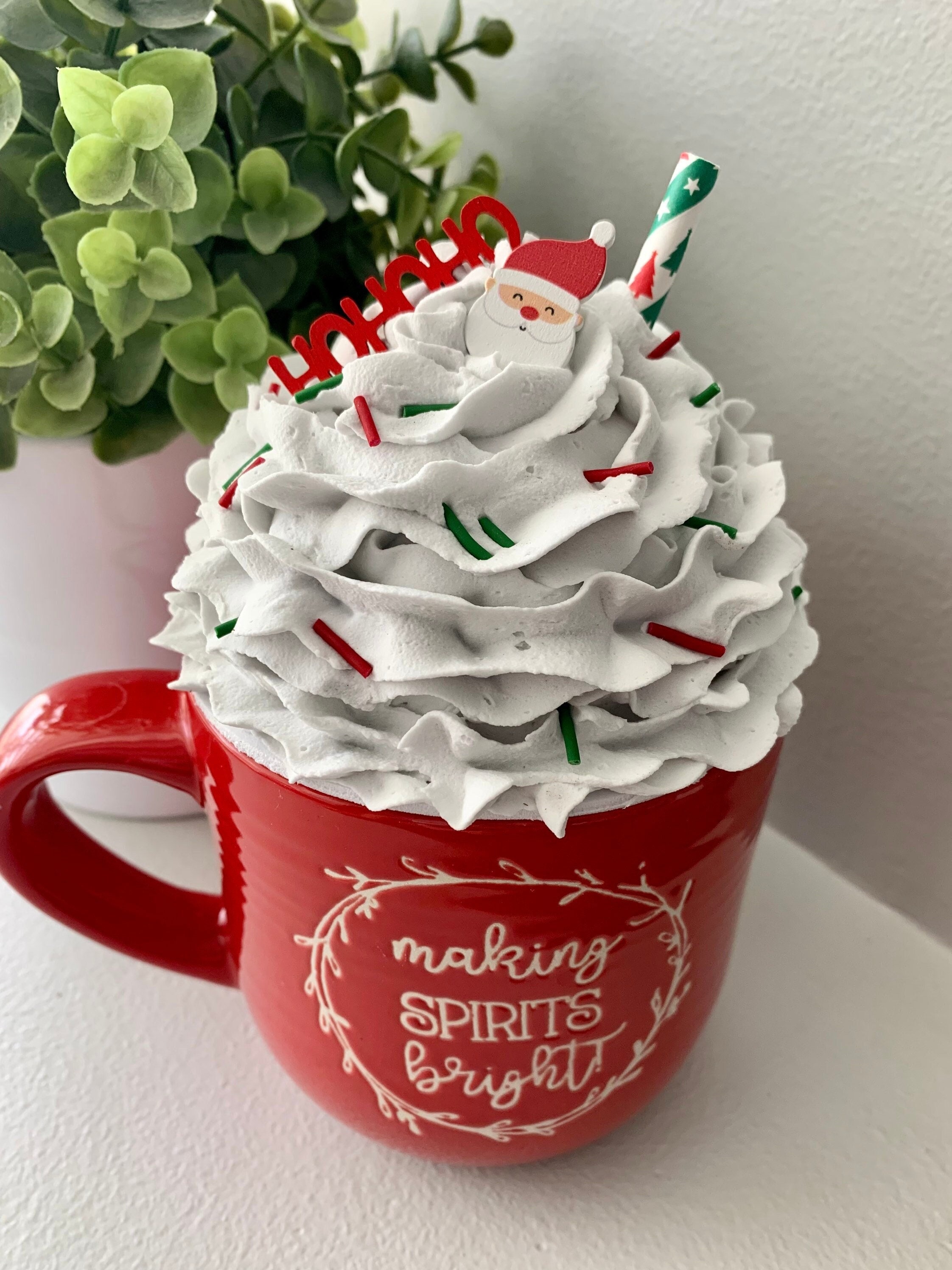 Santa Mug Topper, Faux Whipped Cream, Mini Santa head, Red “Hohoho”, Red  and Green Tree Straw, and Red and Green Faux Sprinkles