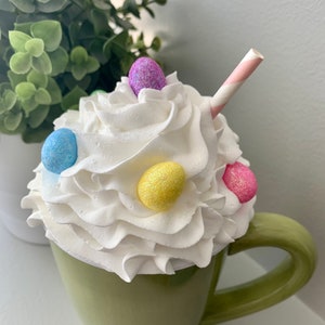 Glitter Easter Egg Mug Topper, Faux Whipped Cream with Glitter, Glitter Easter Eggs and Stripped Straw