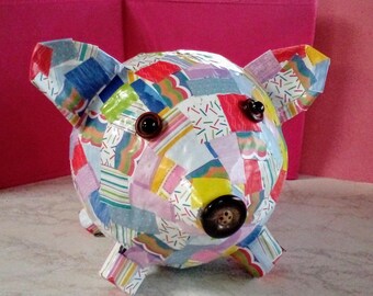 mache decoupage paper piggy bank retro roses bowl