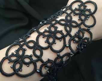 Gothic black bracelet with grey beads /tatted bracelet/needle tatting bracelet/black lace bracelet/gothicstyle