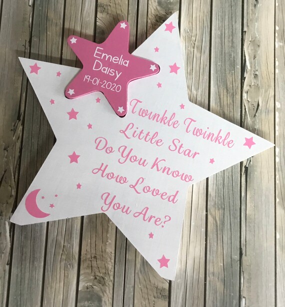 Personalised Wooden Star Plaque New Baby Girl Boy Birth Christening Gift Sign