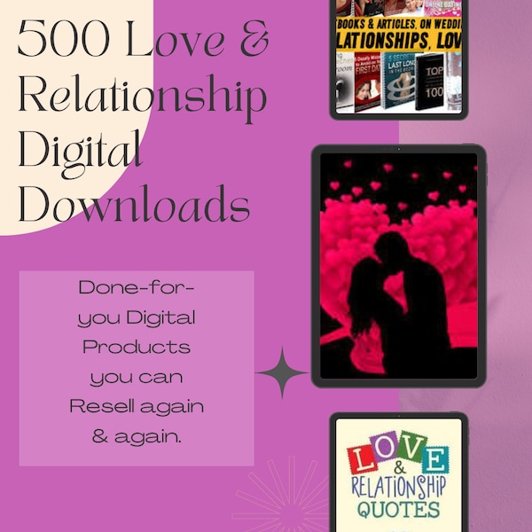 Lot de revente de produits numériques | 500 téléchargements numériques amour et relation | Revenu passif avec des produits numériques | Droits de revente | RMP et DPP