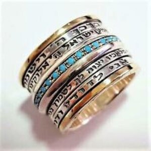 Silver+Gold Hebrew Inspirational Spinner Ring.4 Blessings.Israeli Jewelry.