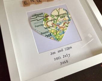 Personalised engagement frame, gift for best friend, heart map frame, scrabble frame, personalised map, engagement, anniversary, marriage,
