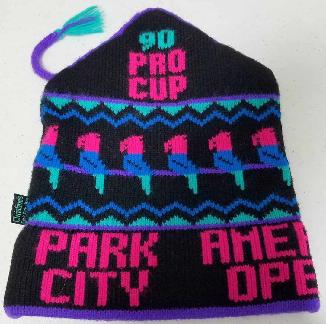 Vtg 90s Neon PARK CITY Pro Cup Americas Opening Ski Hat Cap Beanie ...