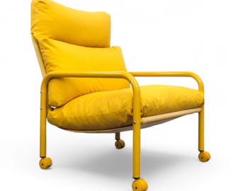 May include: A yellow armchair with a metal frame and wheels. The chair has two cushions and a wooden base.