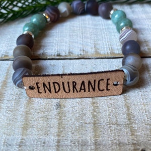 Endurance bracelet, inspirational bracelet, encouraging bracelet, word bracelet, encouraging jewelry, leather bracelet, lava stone, diffuser
