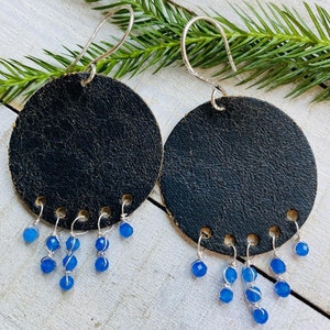 Bohemian earrings, leather earrings, beaded earrings, silver earrings, boho jewelry, sterling silver jewelry, brown leather earrings, boho
